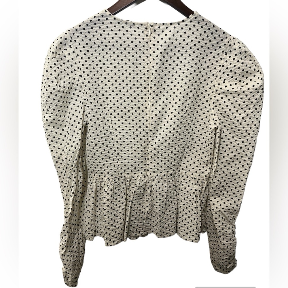 ENGLISH FACTORY WHITE BLACK POLKA DOT PUFF LONG RUCHED SLEEVE BLOUSE - Picture 3 of 9